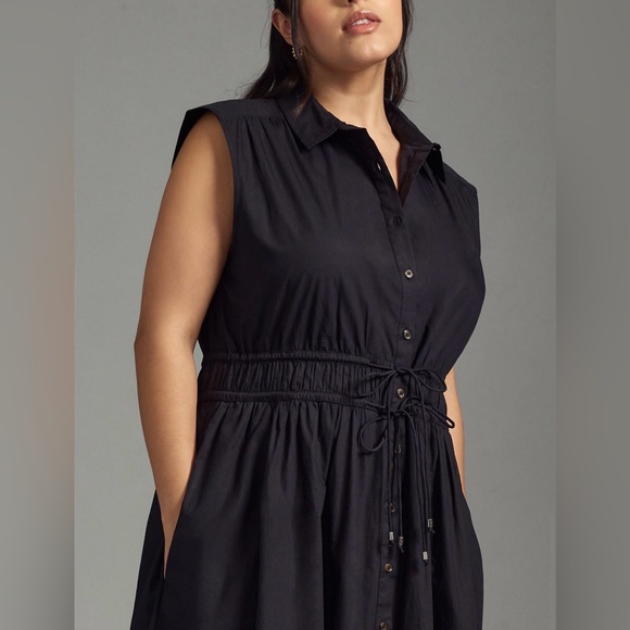 Anthropologie Maeve Button Down Midi Shirt Dress Cinch Tie Waist Navy Womens XXS - Picture 3 of 12